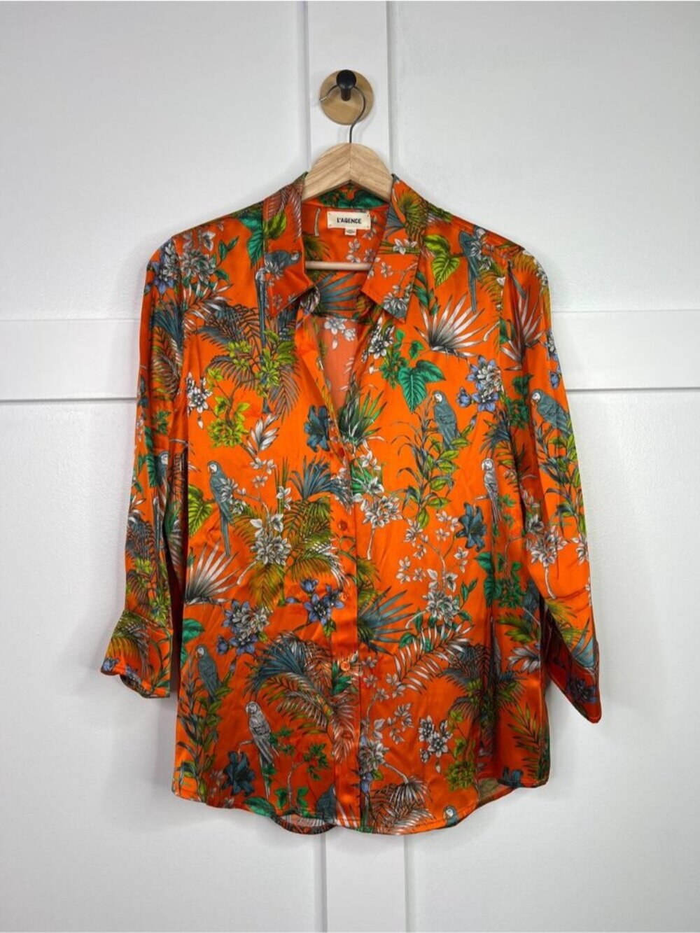NEW L'Agence Floral Button Up Silk Collared Long Sleeve Shirt Orange Size:Medium